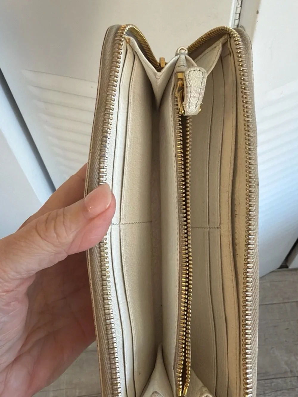 Miu Miu Cream Leather Zip Wristlet with Gold Logo